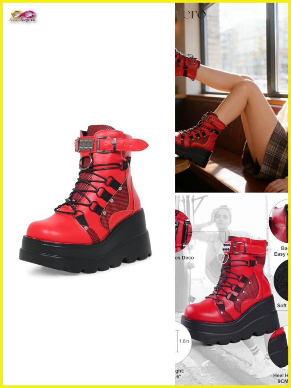 Platform Chunky Heel Combat Boots with Side Zip Lace Up Wedge Booties